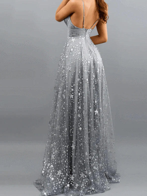 A-Line V Neck Spaghetti Straps Floor Length Prom Dresses With Split