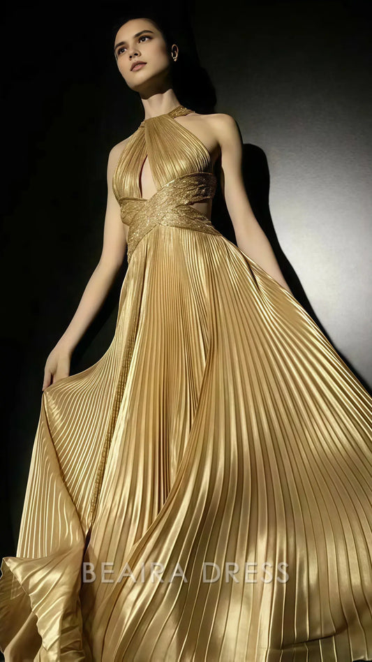 Beaira Elegant Gold Pleated Halter Prom Dresses Beaded A-Line Evening Formal Gown formal wear dresses