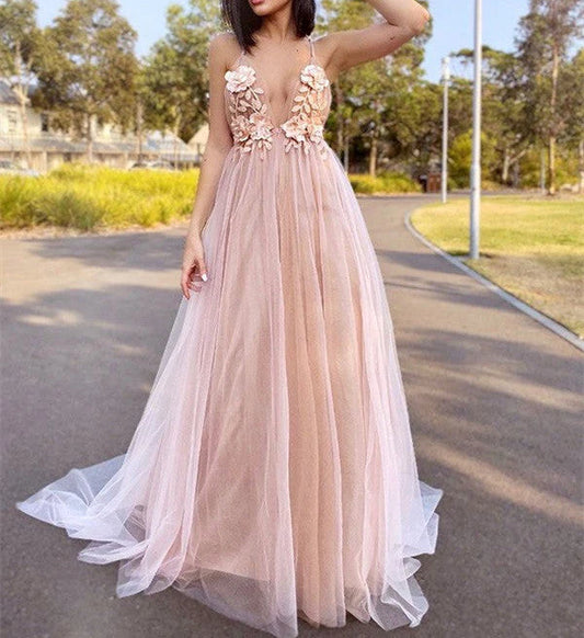 Gorgeous Flower Pink Chiffon Long V-Neck Spaghetti Straps Evening Prom Dresses