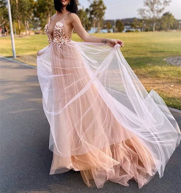 Gorgeous Flower Pink Chiffon Long V-Neck Spaghetti Straps Evening Prom Dresses