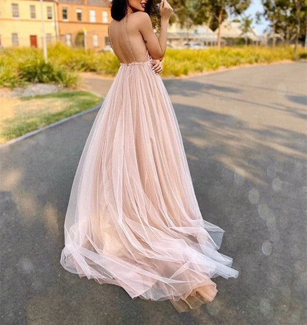 Gorgeous Flower Pink Chiffon Long V-Neck Spaghetti Straps Evening Prom Dresses
