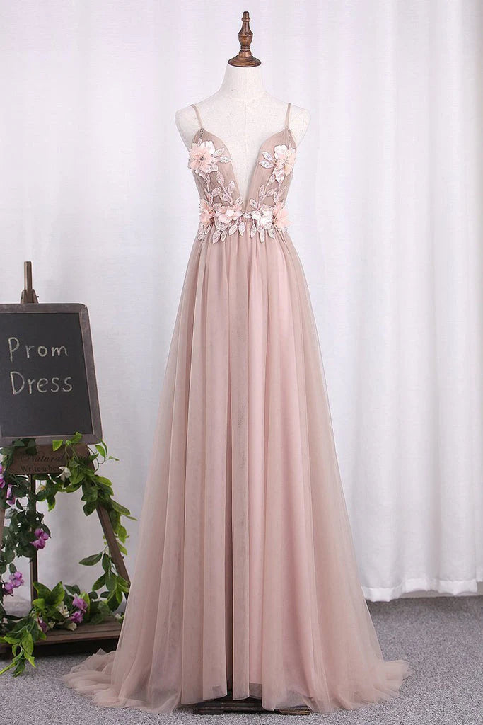 Gorgeous Flower Pink Chiffon Long V-Neck Spaghetti Straps Evening Prom Dresses