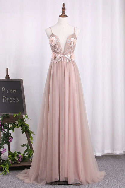 Gorgeous Flower Pink Chiffon Long V-Neck Spaghetti Straps Evening Prom Dresses