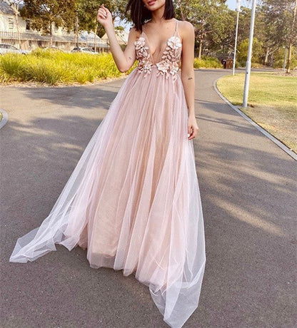 Gorgeous Flower Pink Chiffon Long V-Neck Spaghetti Straps Evening Prom Dresses