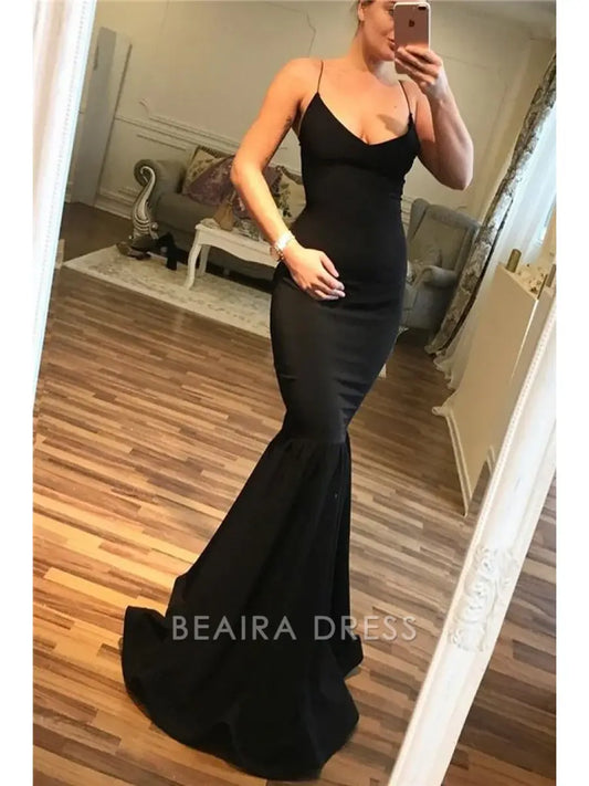 Beaira Elegant Gorgeous Black Spaghetti-Straps Mermaid Prom Dress Long Online Evening Dresses formal wear dresses