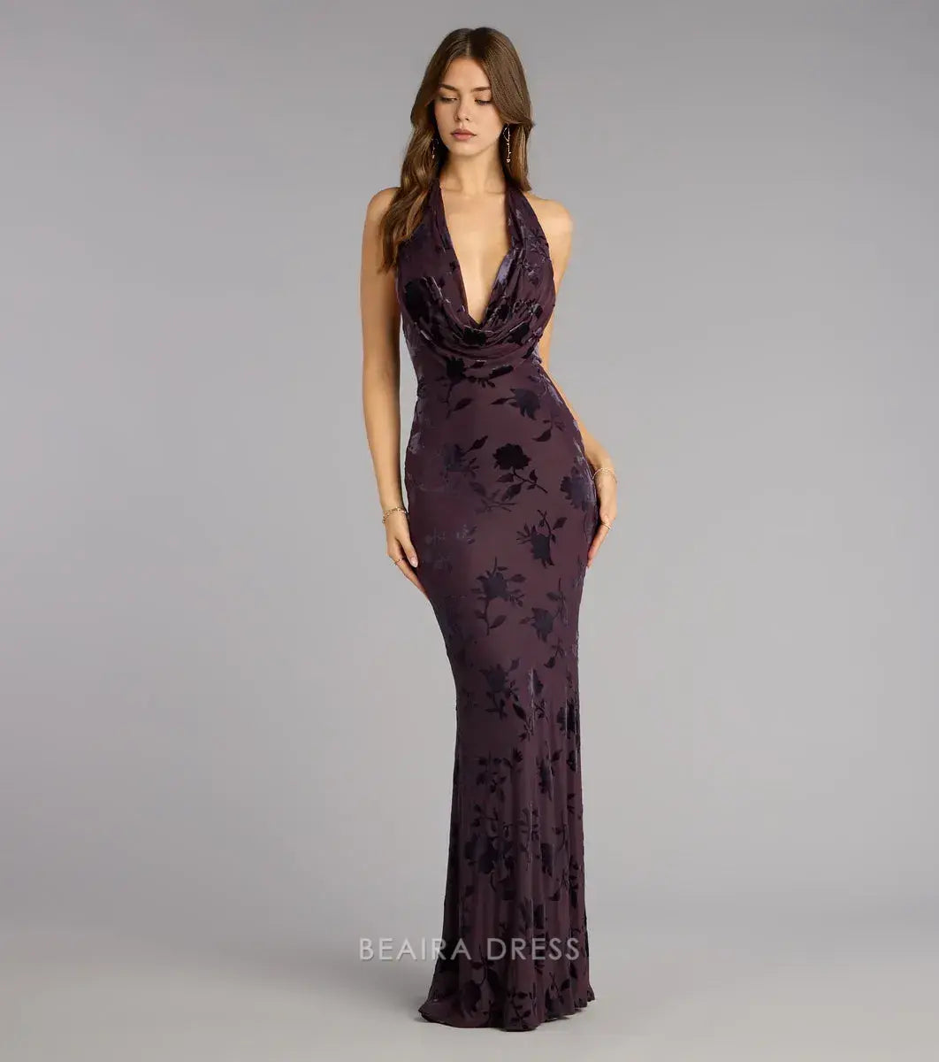 Gorgeous Cowl Neck Halter Floral Velvet Mermaid Maxi Dress Prom Dress
