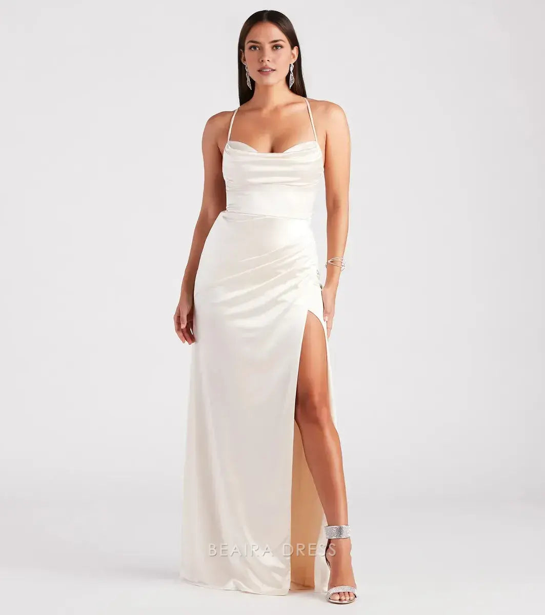 Gorgeous Cowl Neck Spaghetti Strap Crisscross Back Side Slit Satin Mermaid Maxi Dress Prom Dress