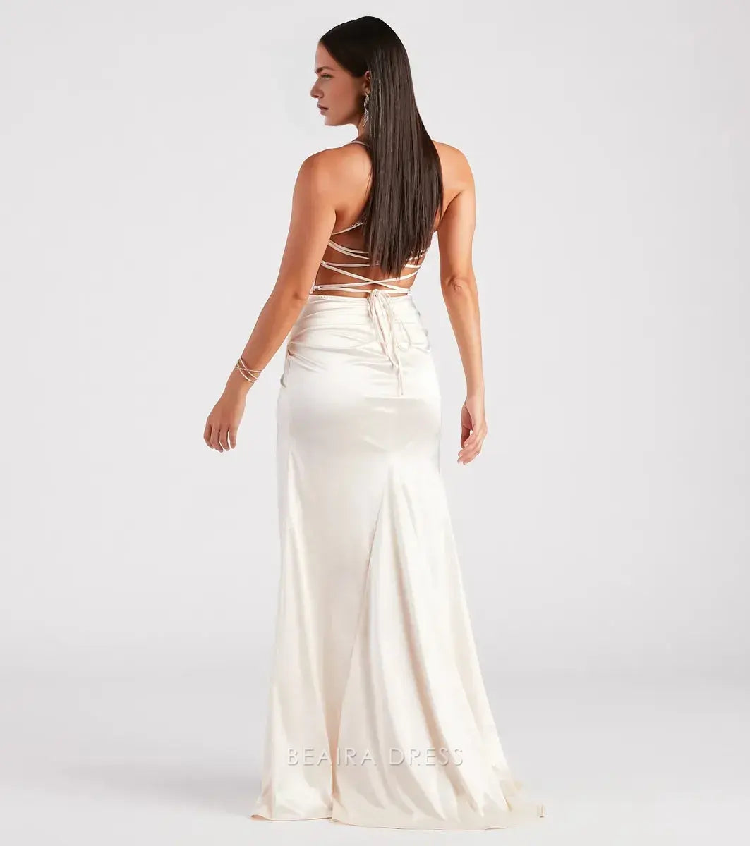 Gorgeous Cowl Neck Spaghetti Strap Crisscross Back Side Slit Satin Mermaid Maxi Dress Prom Dress