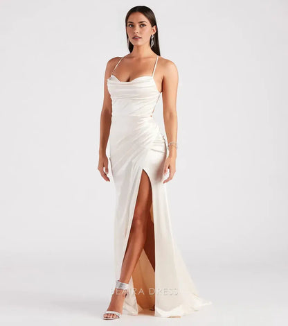 Gorgeous Cowl Neck Spaghetti Strap Crisscross Back Side Slit Satin Mermaid Maxi Dress Prom Dress