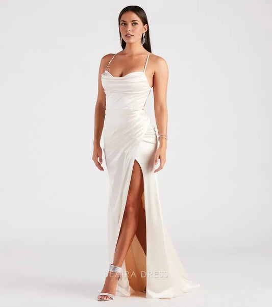 Gorgeous Cowl Neck Spaghetti Strap Crisscross Back Side Slit Satin Mermaid Maxi Dress Prom Dress