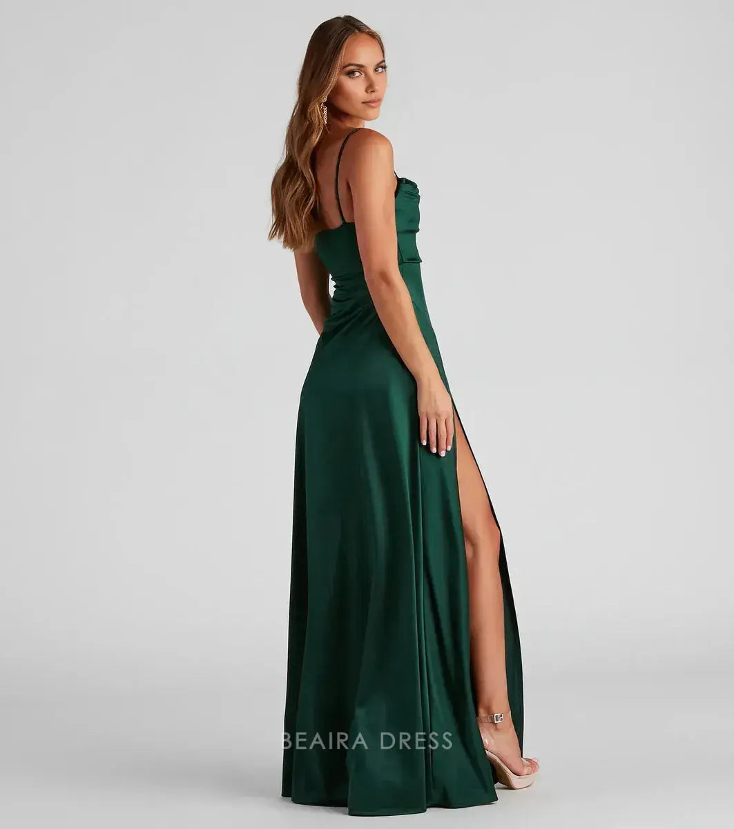 Gorgeous Cowl Neck Spaghetti Strap High Slit Satin Floor-Length Maxi Dress Prom Dress
