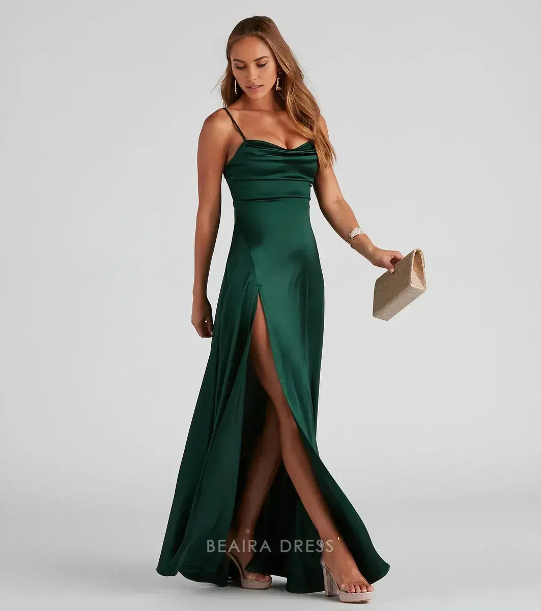 Gorgeous Cowl Neck Spaghetti Strap High Slit Satin Floor-Length Maxi Dress Prom Dress