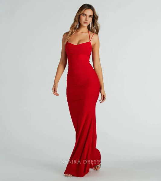 Gorgeous Cowl Neck Spaghetti Strap Ruched Mermaid Maxi Dress with Open Back Tie Detail Prom Dress