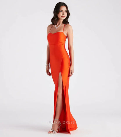 Gorgeous Crisscross Back Ruched Satin Mermaid Maxi Dress with High Slit Prom Dress