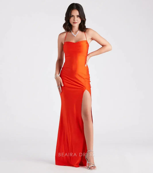 Gorgeous Crisscross Back Ruched Satin Mermaid Maxi Dress with High Slit Prom Dress