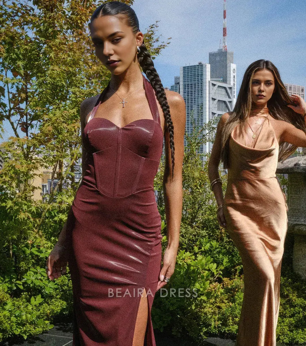 Gorgeous Halter Neck High Slit Satin Mermaid Floor-Length Maxi Dress Prom Dress