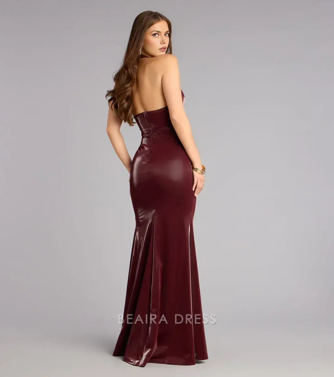 Gorgeous Halter Neck High Slit Satin Mermaid Floor-Length Maxi Dress Prom Dress
