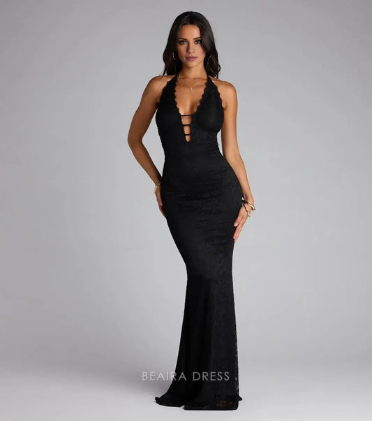 Gorgeous Halter Neck Lace-Up Back Lace Mermaid Maxi Dress Prom Dress