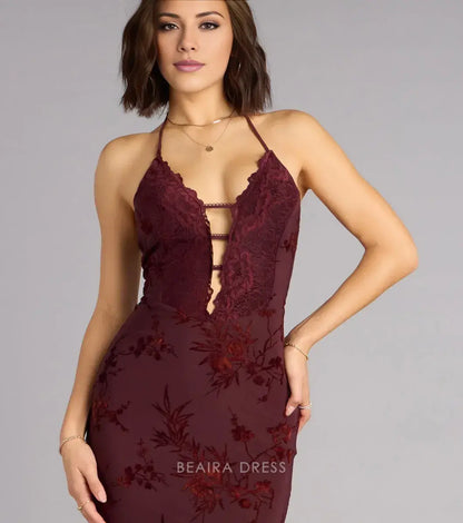 Gorgeous Halter Neck Lace-Up Back Velvet Floral Mermaid Maxi Dress Prom Dress