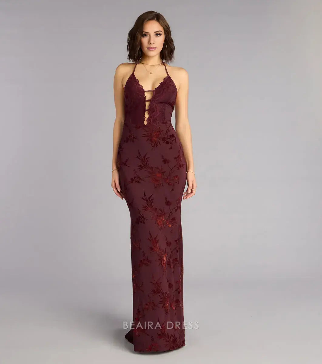 Gorgeous Halter Neck Lace-Up Back Velvet Floral Mermaid Maxi Dress Prom Dress