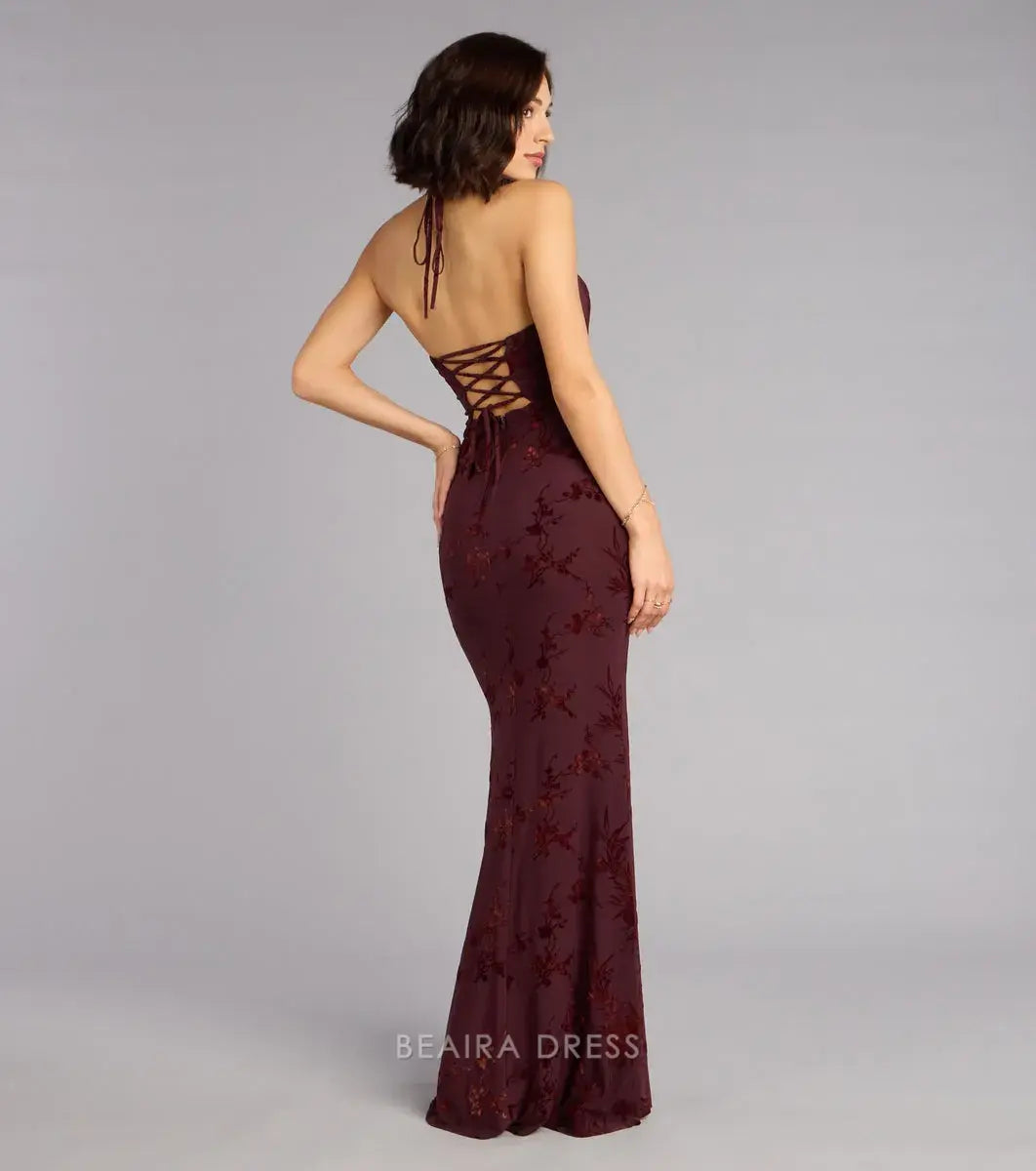Gorgeous Halter Neck Lace-Up Back Velvet Floral Mermaid Maxi Dress Prom Dress