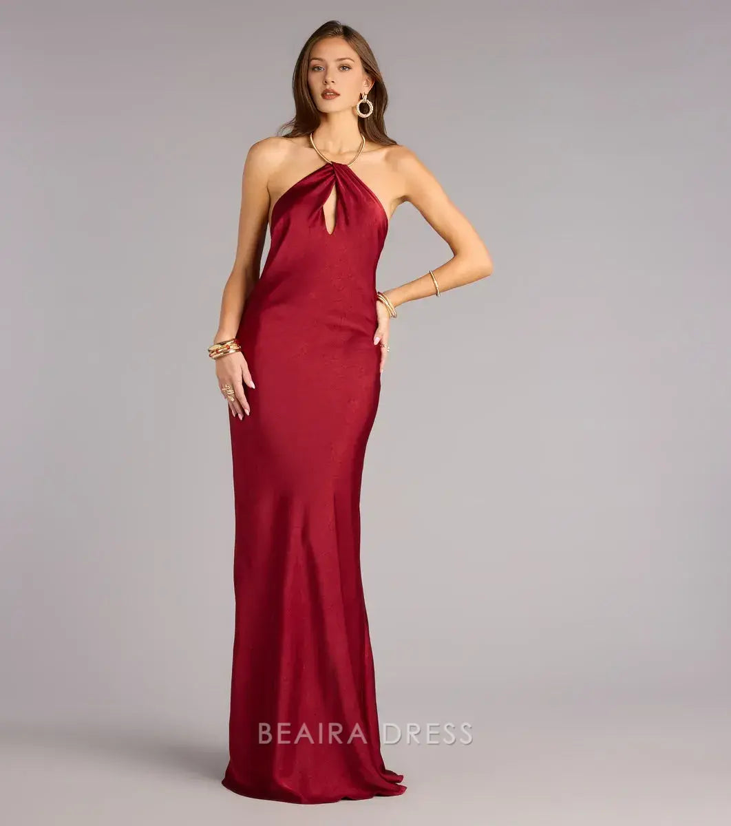Gorgeous Halter Neck Open Back Satin Mermaid Floor-Length Maxi Dress Prom Dress