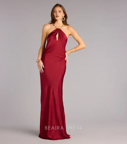 Gorgeous Halter Neck Open Back Satin Mermaid Floor-Length Maxi Dress Prom Dress