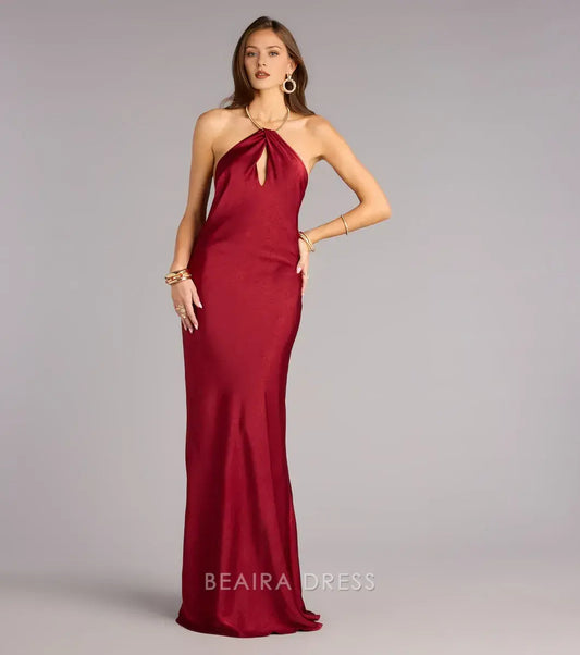 Gorgeous Halter Neck Open Back Satin Mermaid Floor-Length Maxi Dress Prom Dress