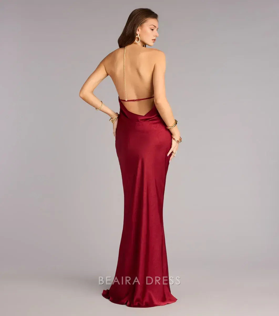 Gorgeous Halter Neck Open Back Satin Mermaid Floor-Length Maxi Dress Prom Dress