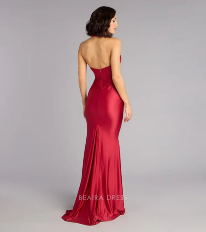 Gorgeous Halter Neck Plunge V-Neck High Slit Satin Mermaid Maxi Dress Prom Dress