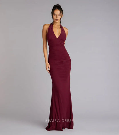 Gorgeous Halter Neck Ruched Lace-Up Back Mermaid Maxi Dress Prom Dress