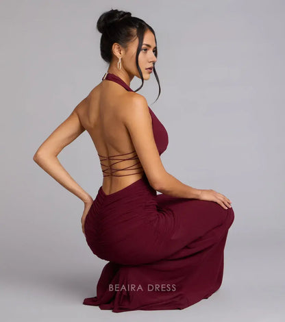 Gorgeous Halter Neck Ruched Lace-Up Back Mermaid Maxi Dress Prom Dress