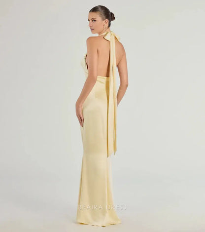 Gorgeous Halter Neck Tie Back Satin Mermaid Floor-Length Maxi Dress Prom Dress