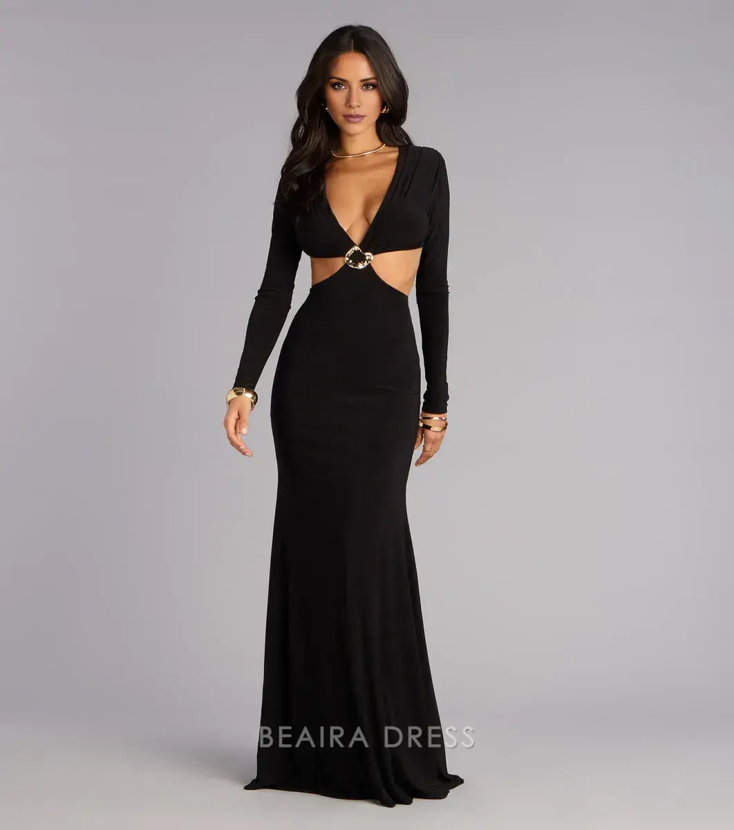 Gorgeous Long Sleeve Plunge V-Neck Cutout Backless Mermaid Maxi Dress Prom Dress
