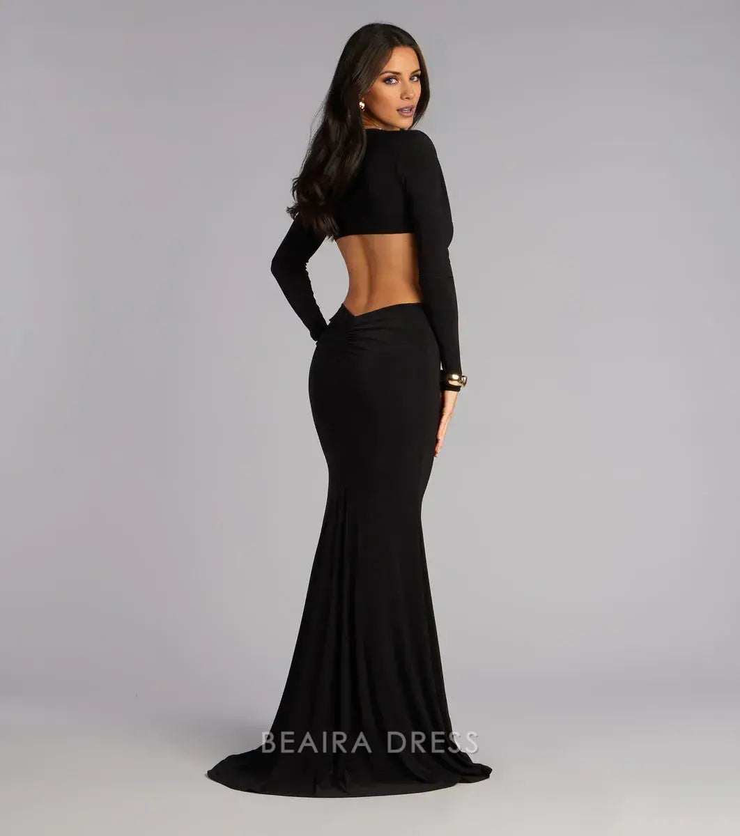 Gorgeous Long Sleeve Plunge V-Neck Cutout Backless Mermaid Maxi Dress Prom Dress
