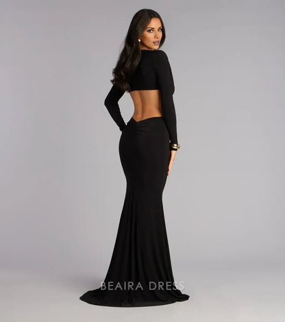 Gorgeous Long Sleeve Plunge V-Neck Cutout Backless Mermaid Maxi Dress Prom Dress