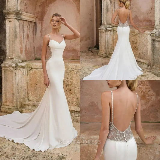 Gorgeous Mermaid Spaghetti Strap Lace Side Mermaid Wedding Dress with Train Prom Dress