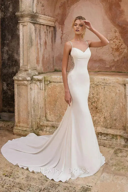 Gorgeous Mermaid Spaghetti Strap Lace Side Mermaid Wedding Dress with Train Prom Dress