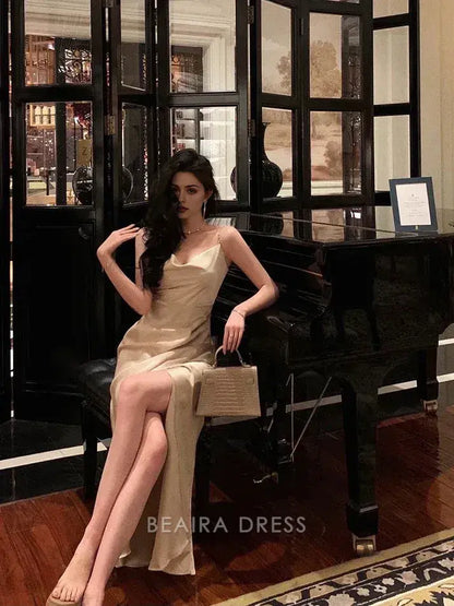 Beaira Elegant Gorgeous Mermaid Spaghetti Straps Champagne Slit Date Night Dress Prom Dresses Birthday Outfits formal wear dresses