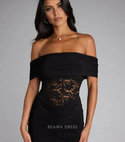 Gorgeous Off-Shoulder Lace-Insert Ruched Mermaid Floor-Length Maxi Dress Prom Dress