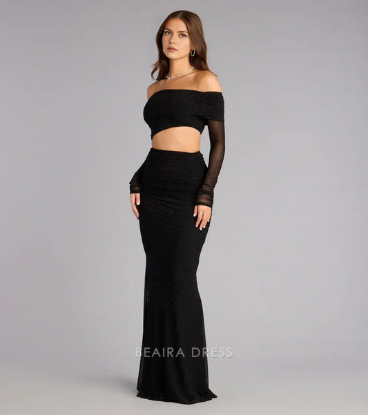 Gorgeous Off-Shoulder Mesh Sleeve Two-Piece Mermaid Maxi Dress Prom Dress