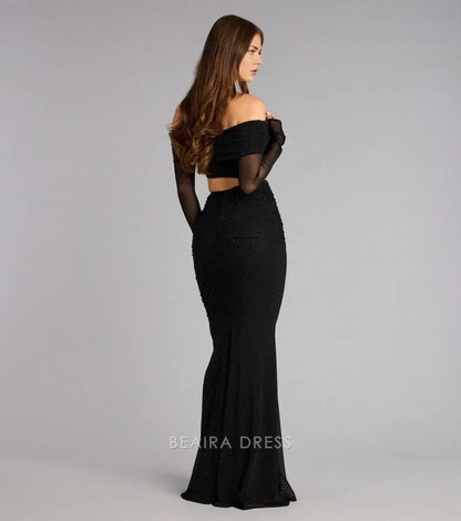 Gorgeous Off-Shoulder Mesh Sleeve Two-Piece Mermaid Maxi Dress Prom Dress