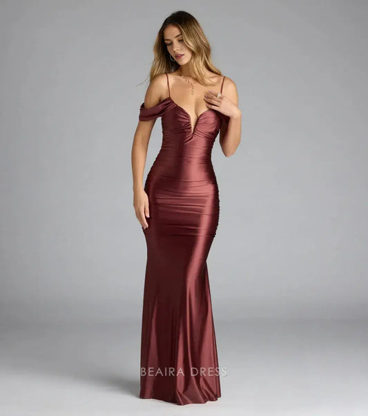 Gorgeous Off-Shoulder Ruched Satin Mermaid Maxi Dress with Plunging Neckline Prom Dress