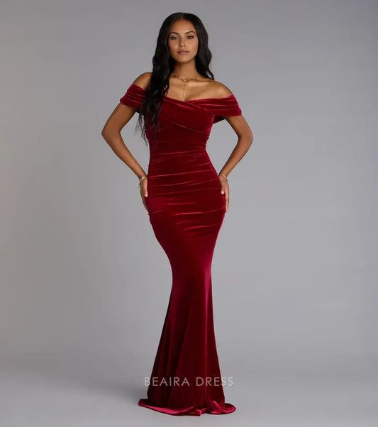 Gorgeous Off-Shoulder Ruched Velvet Mermaid Floor-Length Maxi Dress Prom Dress