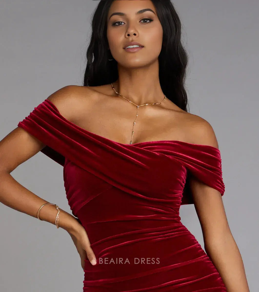 Gorgeous Off-Shoulder Ruched Velvet Mermaid Floor-Length Maxi Dress Prom Dress