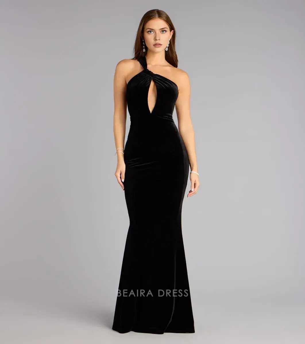 Gorgeous One-Shoulder Cutout Back Velvet Mermaid Floor-Length Maxi Dress Prom Dress
