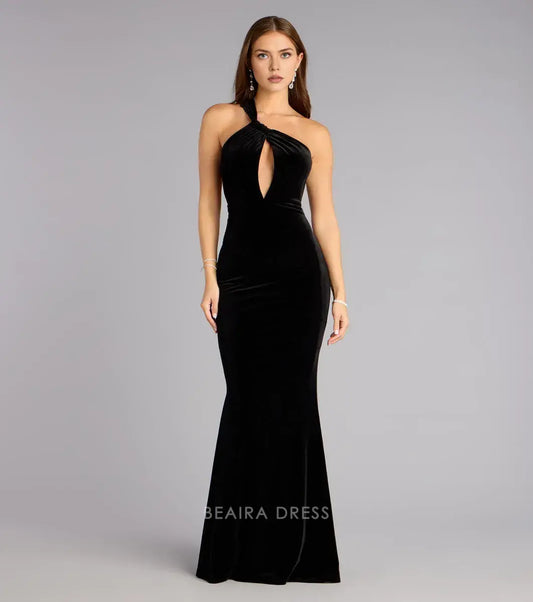 Gorgeous One-Shoulder Cutout Back Velvet Mermaid Floor-Length Maxi Dress Prom Dress