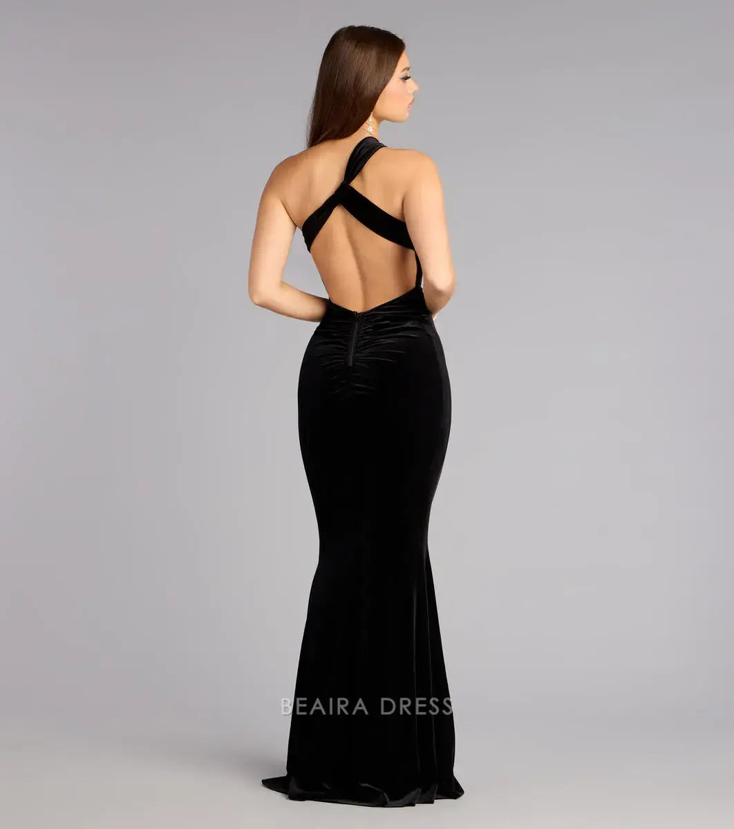 Gorgeous One-Shoulder Cutout Back Velvet Mermaid Floor-Length Maxi Dress Prom Dress