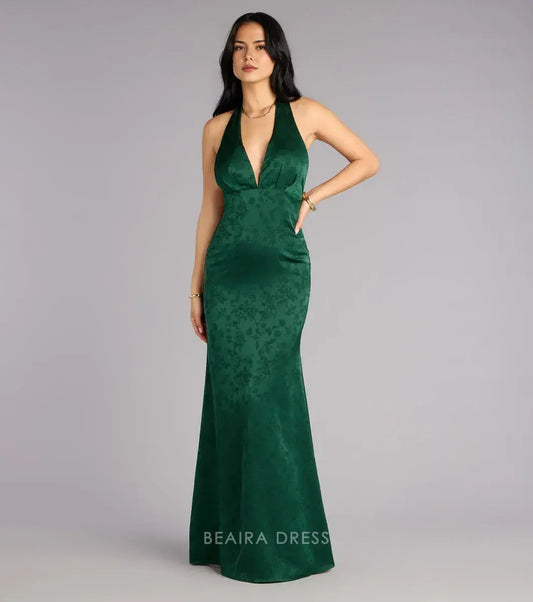 Gorgeous Plunge Neck Halter Floral Jacquard Mermaid Floor-Length Maxi Dress Prom Dress