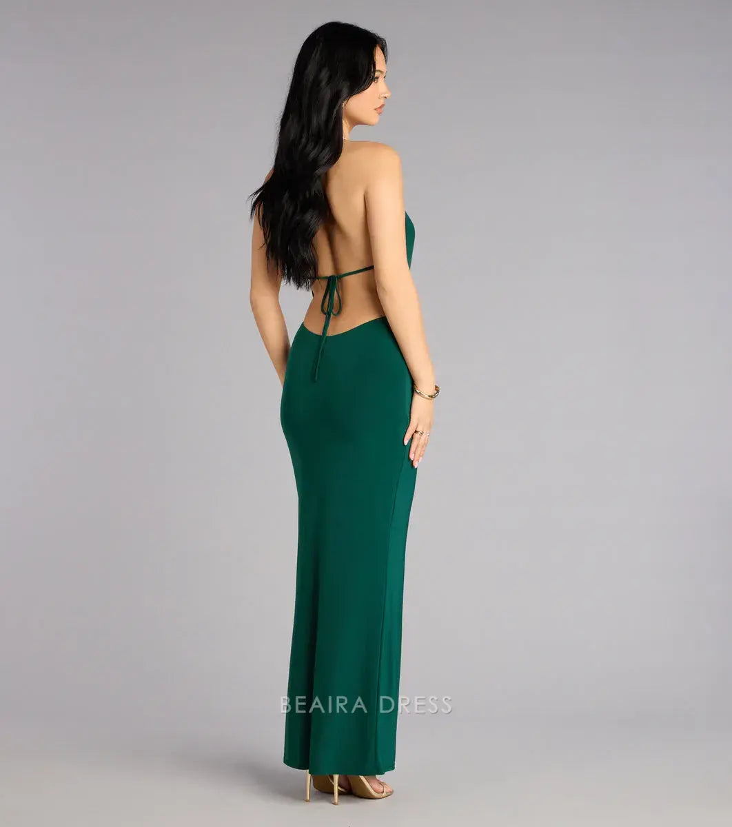 Gorgeous Plunge Neck Halter Open Back Mermaid Floor-Length Maxi Dress Prom Dress